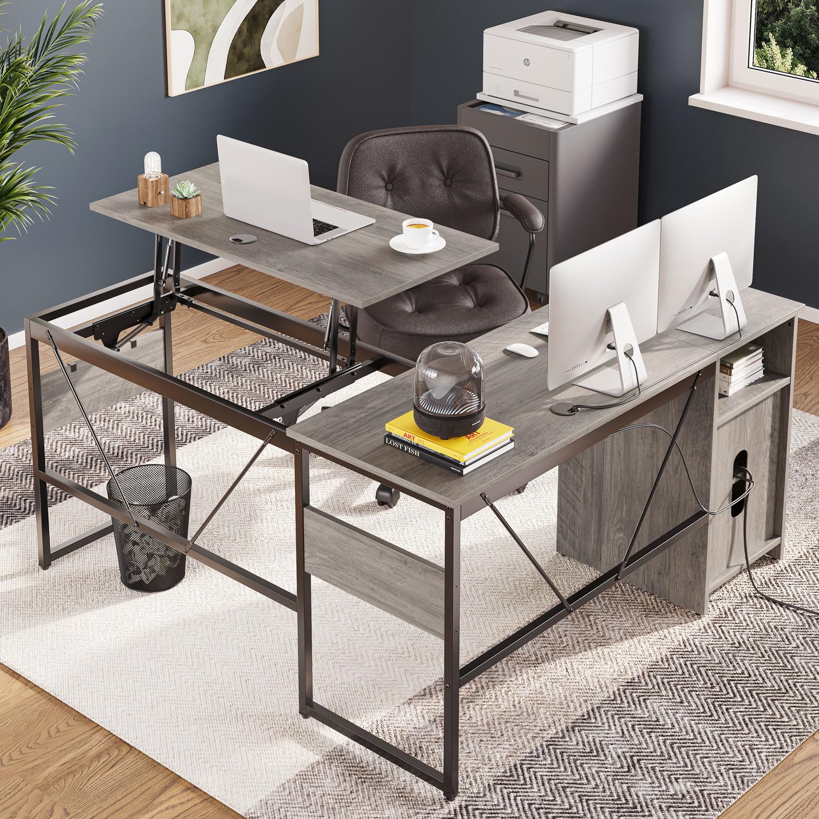 L Shaped Standing Desk Adjustable Height, 60" Corner Computer Desk with Storage