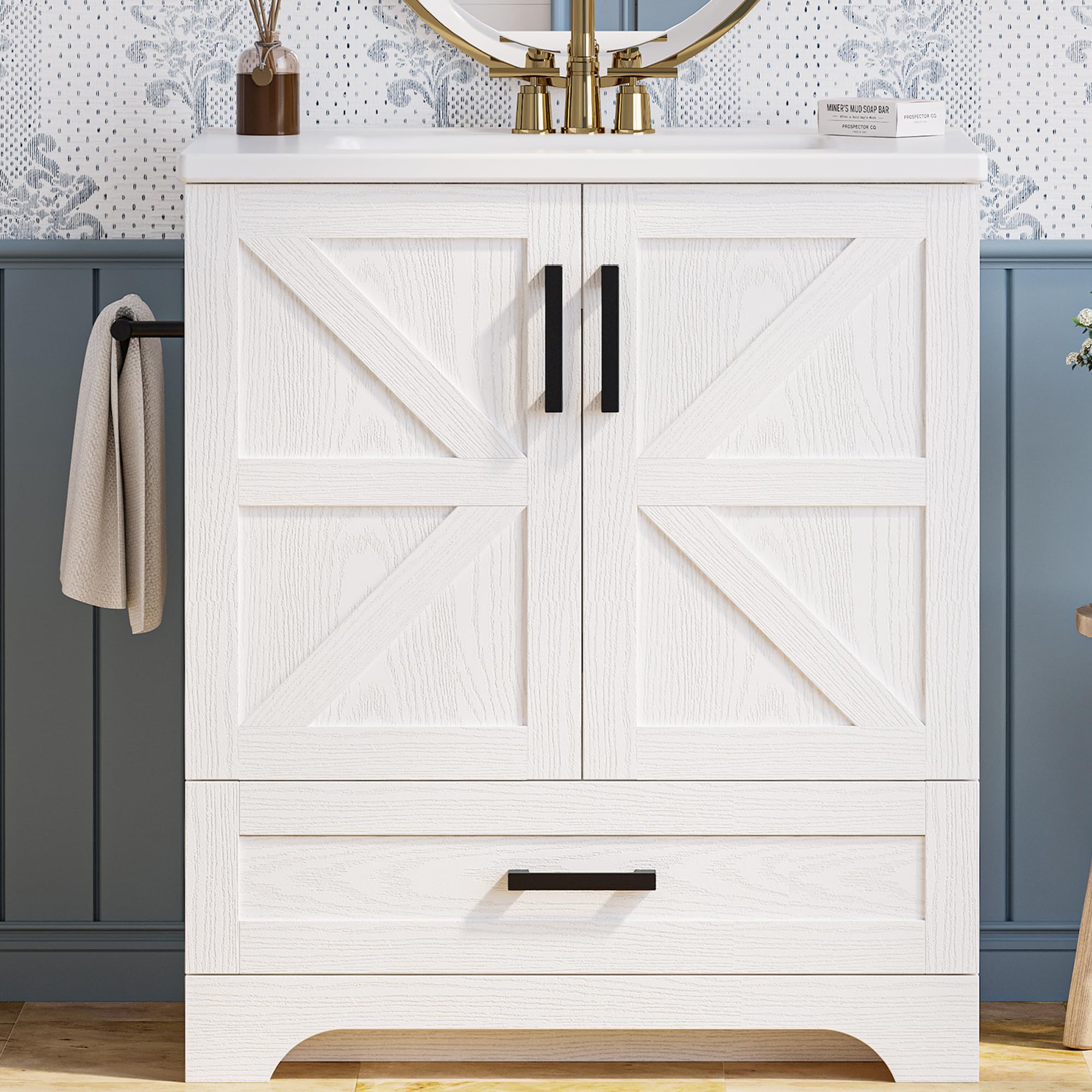 Bathroom Vanity, 30" Bathroom Vanity with Sink, Farmhouse Wood Fixture Stand Pedestal