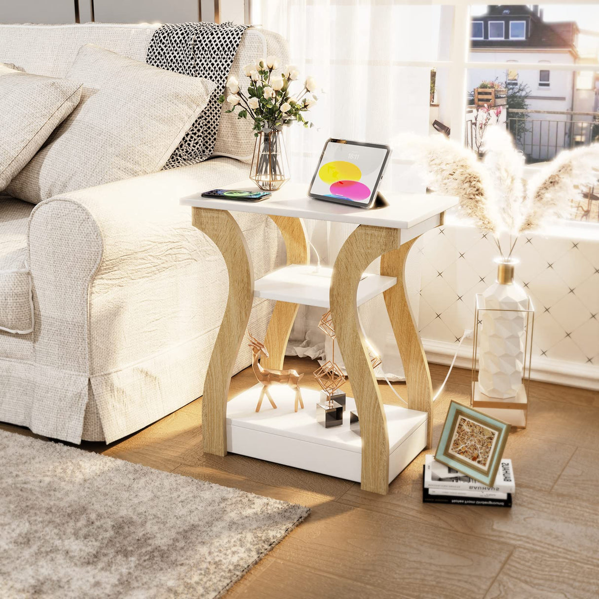 End table Set of 2 with Charging Station, Side Table with USB Ports and Outlets, Nightstand