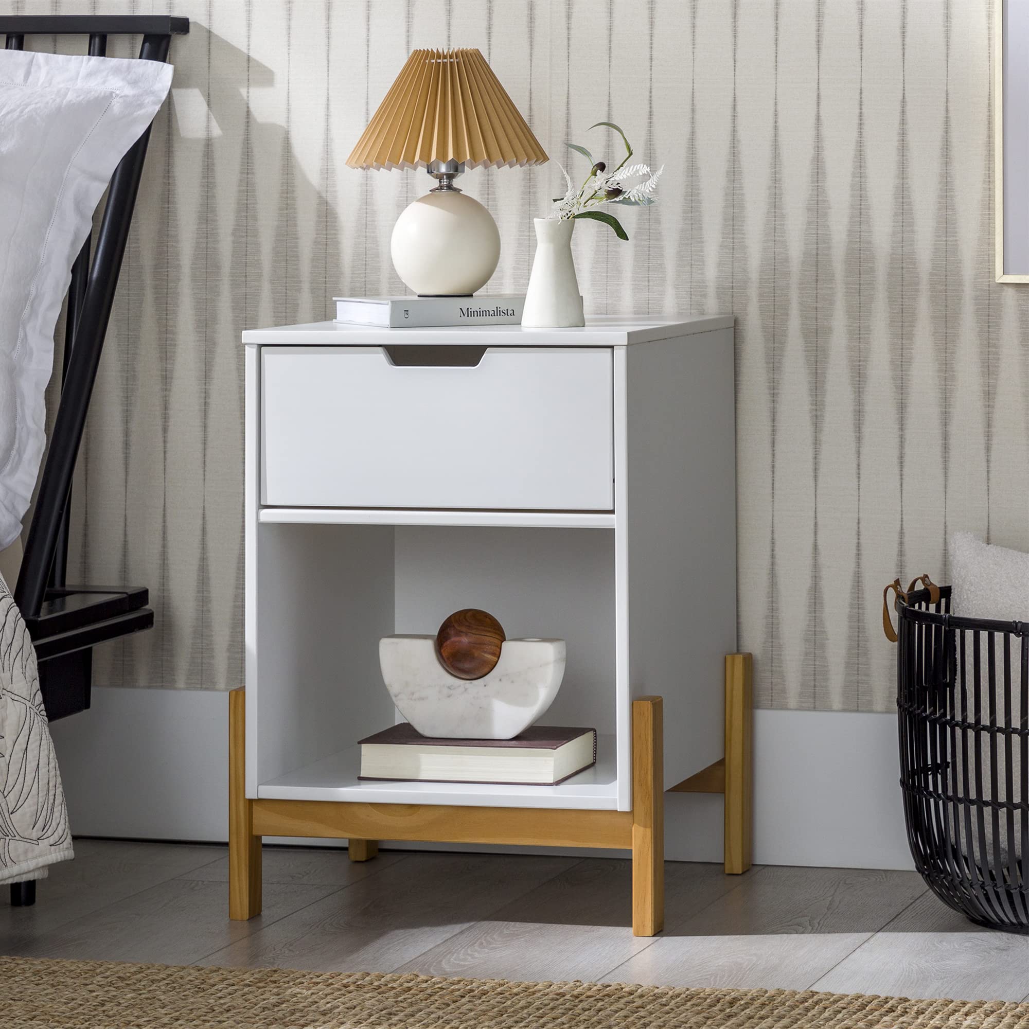 Freja Scandi Minimalist 1-Drawer Solid Wood Nightstand, 16 Inch, White