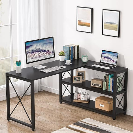 Industrial L-Shaped Desk with Storage Shelves