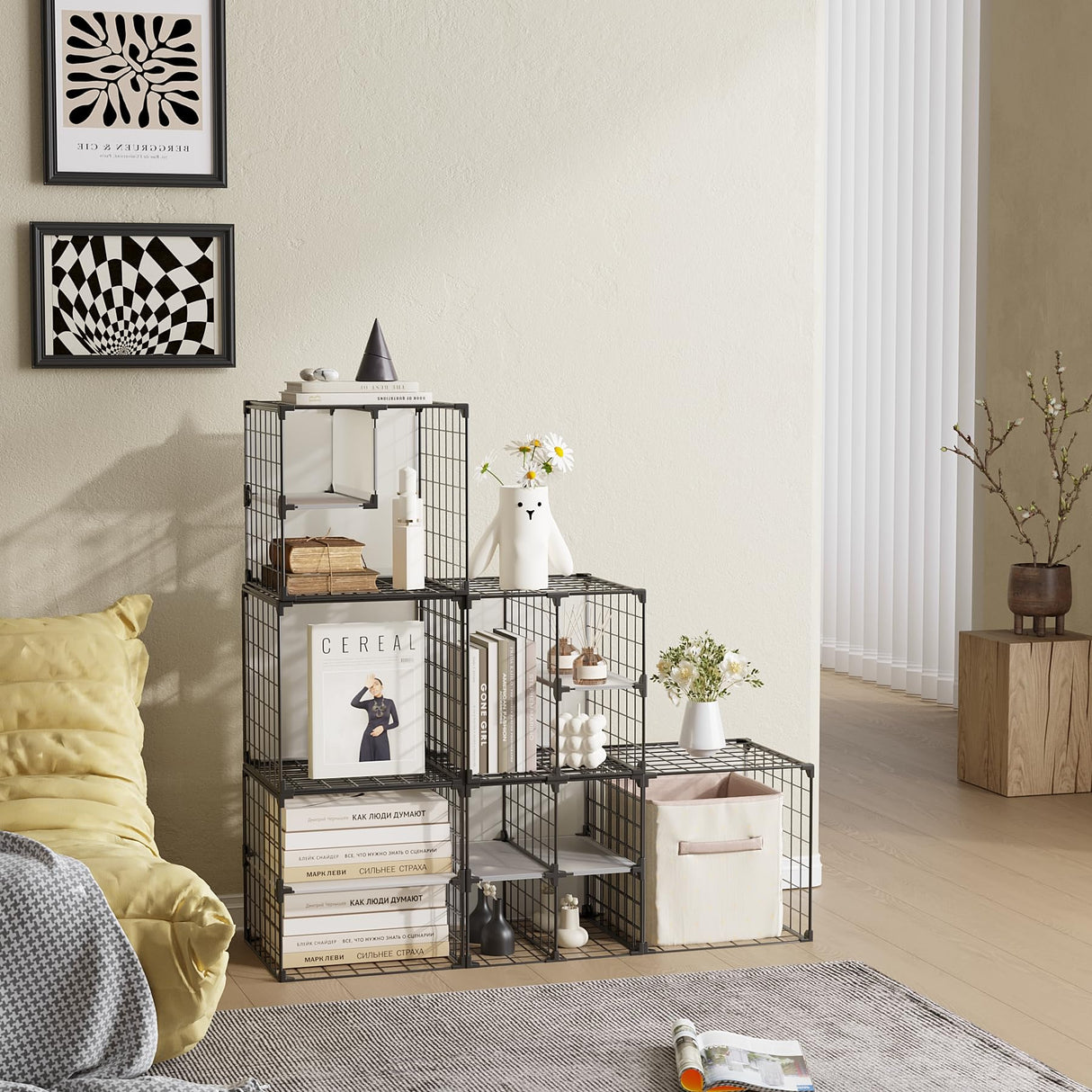 Wire Grid Storage Shelves, Stackable 6 Cube Storage Shelf, Closet Organizer, Metal Shelving Unit, Bookcase Bookshelf, Black