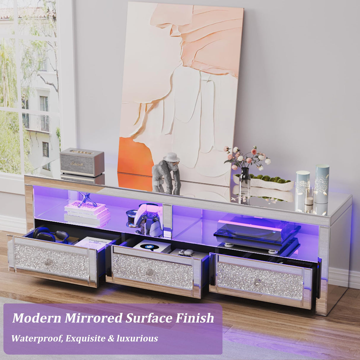 Mirrored TV Stand with LED Light for TVs up to 60”, Modern LED TV Stand