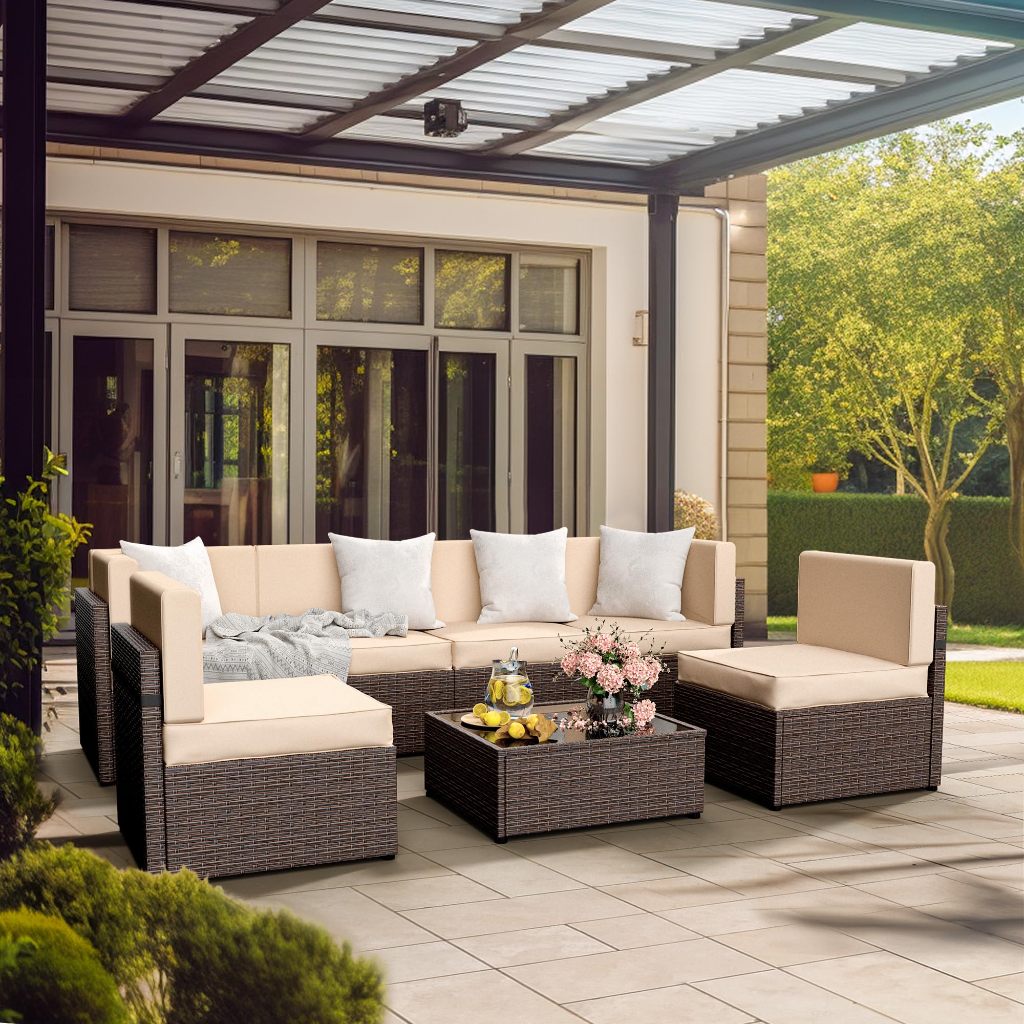 7 Piece Modular Outdoor Sectional, UV Protection Rattan Patio Sectional with Coffee Table