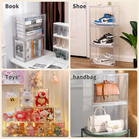 Clear Book Storage Organizer Box, Plastic Stackable Book Display Case with Magnetic Door,