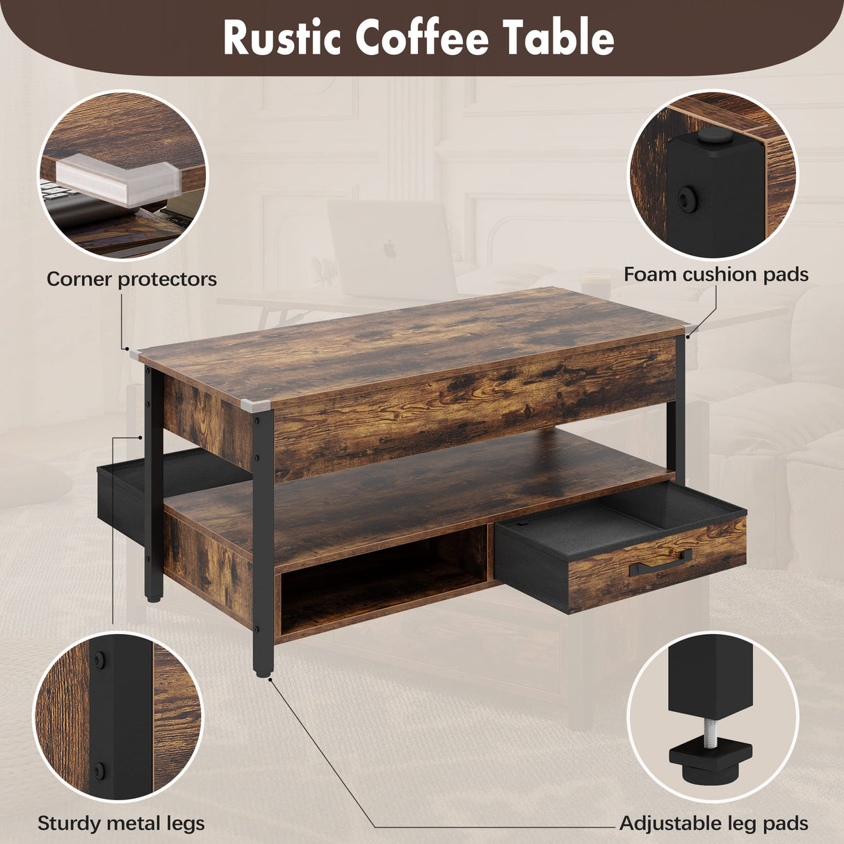 41.7" Lift Top Coffee Table, Coffee Tables for Living Room with 2 Drawers and Hidden Compartment,