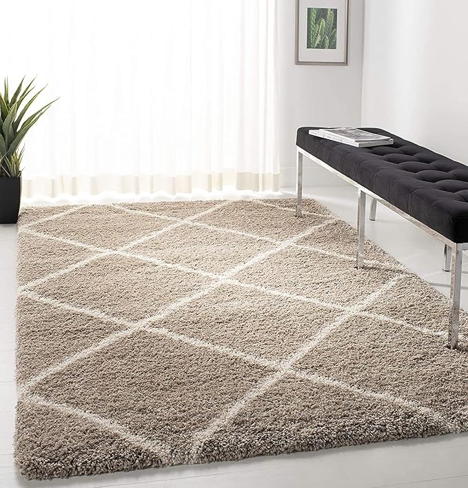 S Hudson Shag Collection Area Rug - 8' x 10', Ivory & Beige, Modern Trellis Design