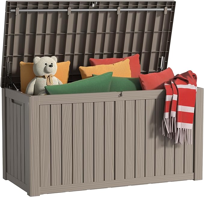 EasyUp 150 Gallon Outdoor Storage Box, Resin Waterproof UV-Resistant Deck Box with Hydraulic Lid Support, Reinforced Stability for Patio, Garden, and Poolside, Striped Black