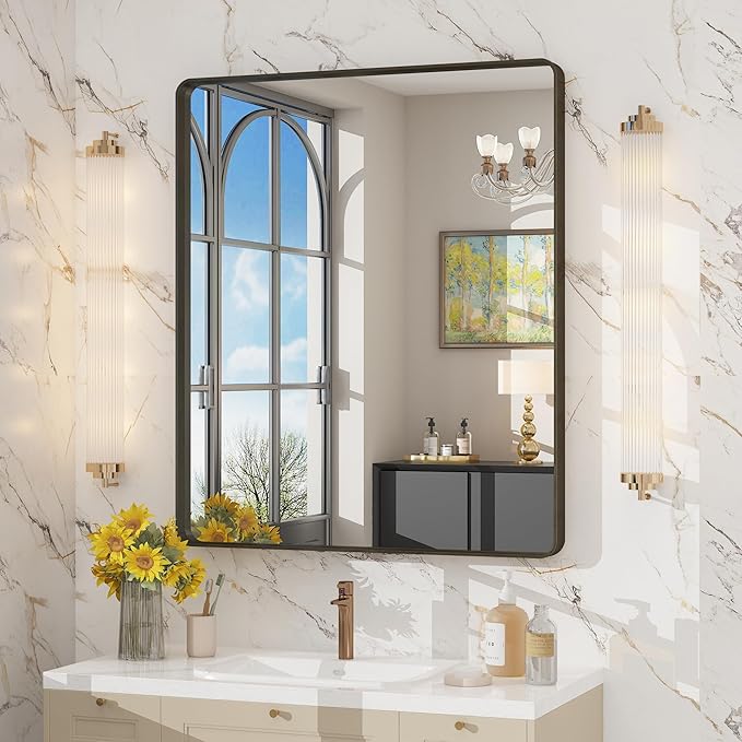 Bathroom Mirror Silver, 36x32 Brushed Metal Framed Vanity Mirror