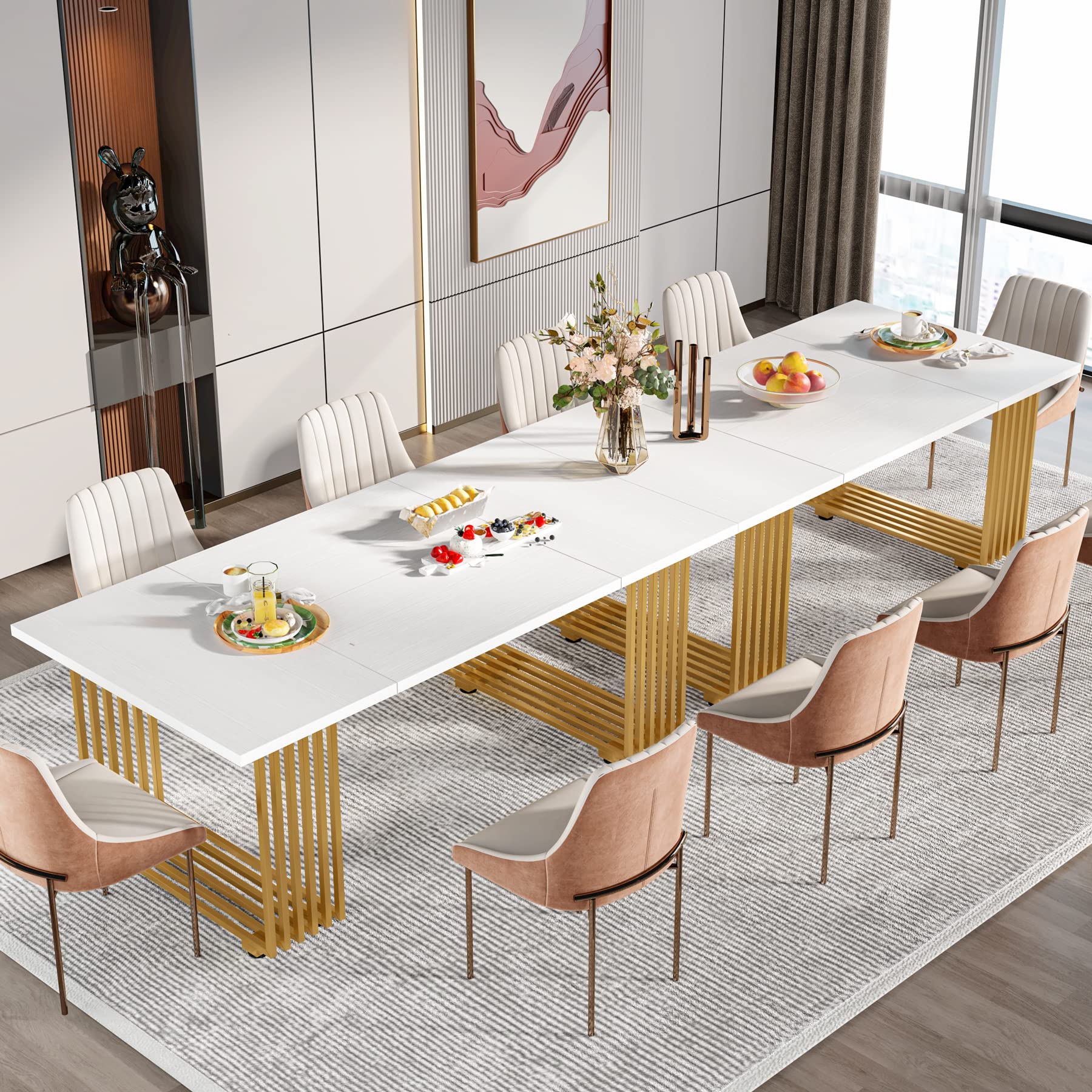 70.8" Modern Dining Table for 6-8 People - White Wood with Gold Metal Legs