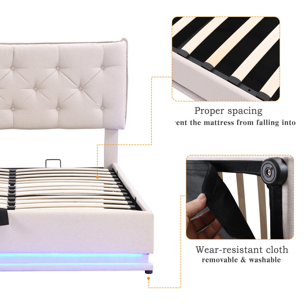 Full Size Upholstered Bed with Hydraulic Storage System and LED Light, Modern Platform