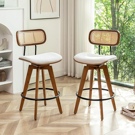 Rattan Bar Stools Set of 2, Faux Leather Counter Height Swivel Barstools