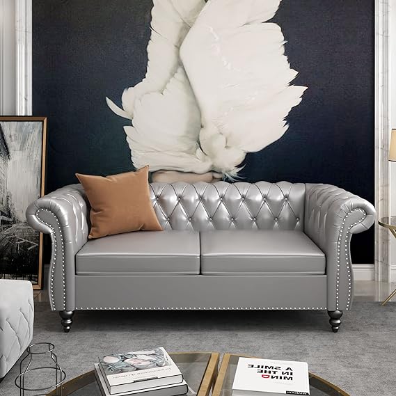 Modern Tufted Couch 3 Seater with Rolled Arms and Nailhead