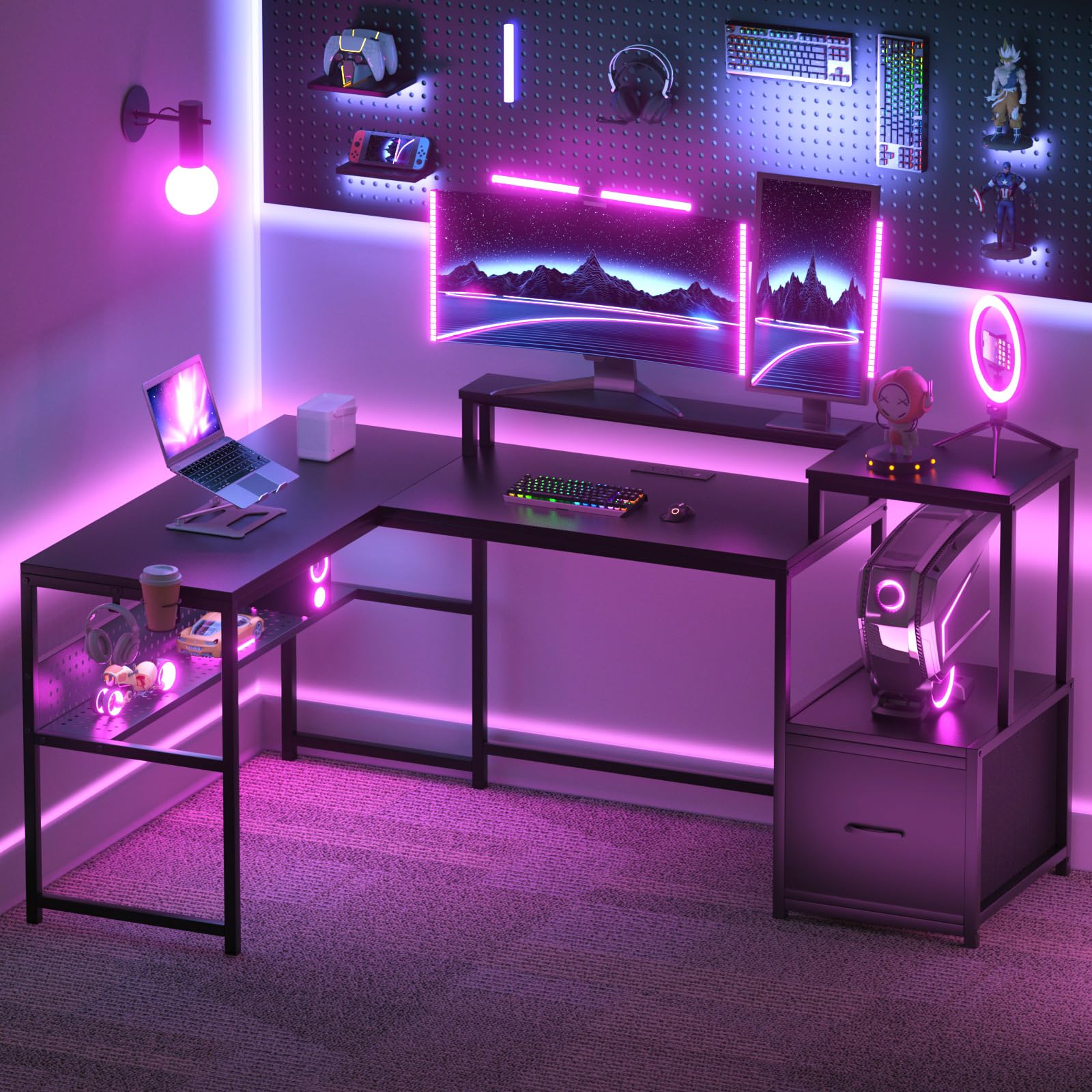 69 inch L Shaped Computer Desk, Corner Desk with Drawers and Power Outlet