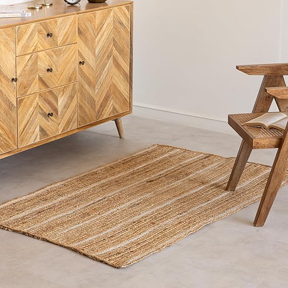 Natural Braided Jute Area Rug 8x10 - Off White Stripe Reversible