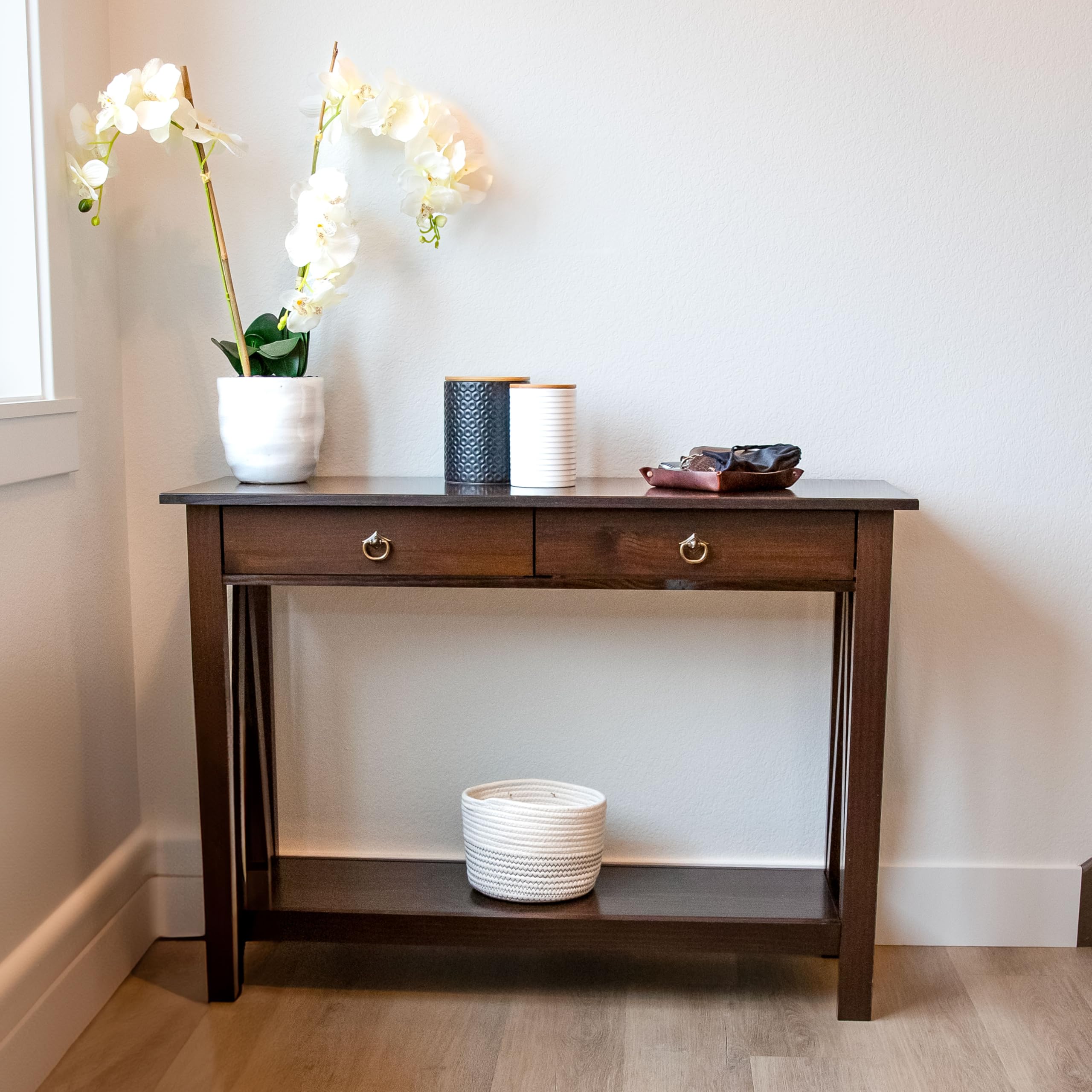 Sunnydaze Console Table for Entryway with Drawers - 31" H Solid Pine Sofa Table with Shelf for Living Room - Dark Brown