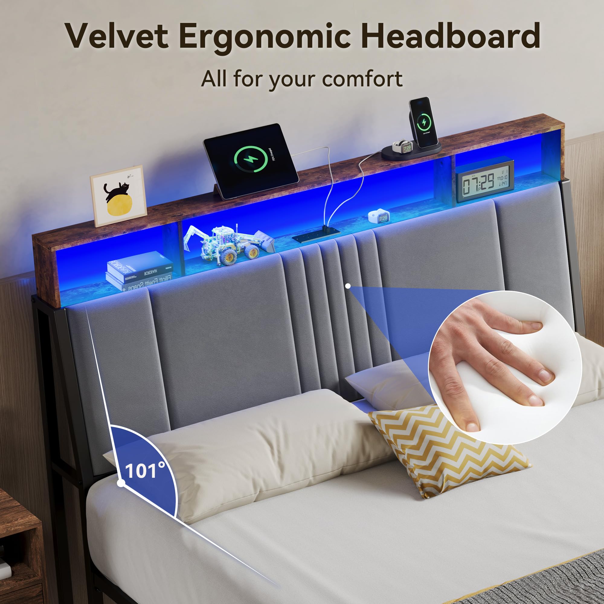 Full Size Upholstered Platform Bed with LED Lights and Charging Station