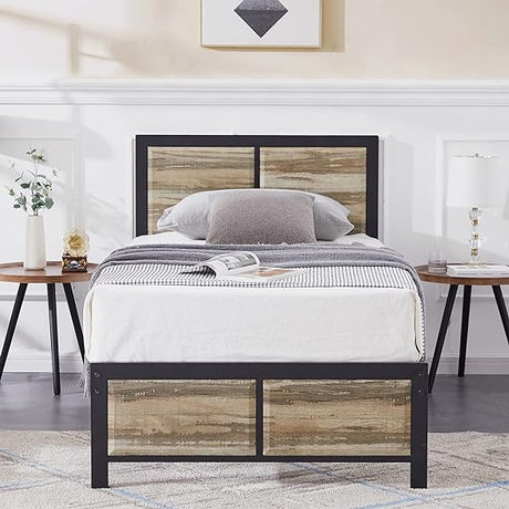 Queen Size Platform Bed Frame with Rustic Vintage Wood Headboard