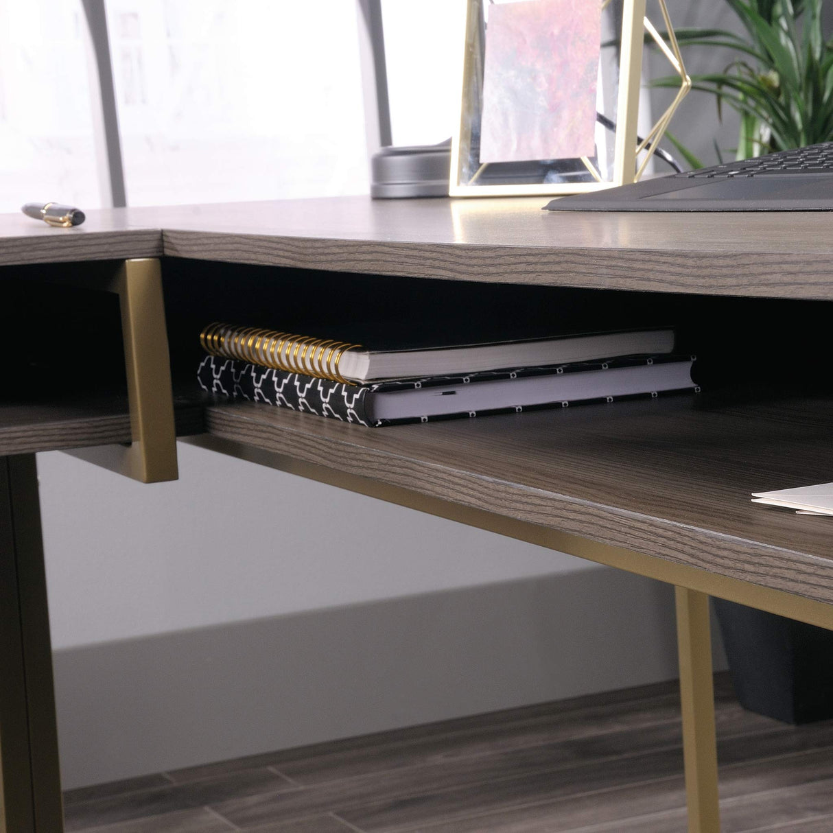 International Lux L-Shaped Desk, L: 65.98" x W: 60.0" x H: 29.72", Diamond Ash Finish