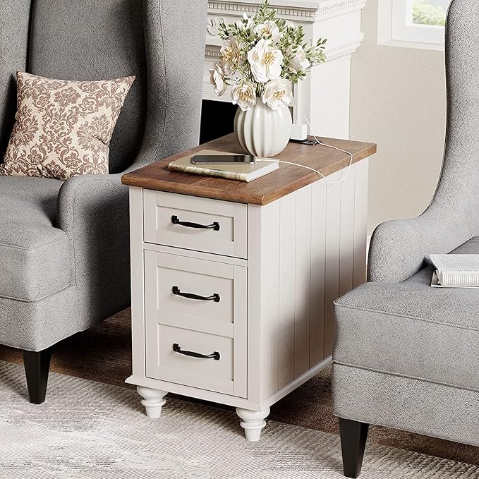 End Table with Charging Station, Wood Side Table with Drawer and Storage Cabinet