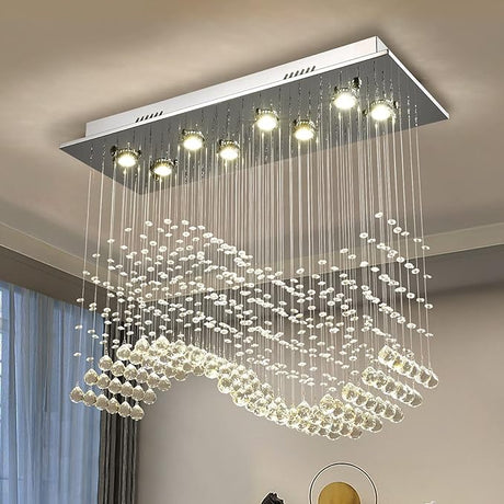 10-Lights Modern Crystal Chandeliers, Luxury Wave Raindrop Crystal Pedant Light Fixture,