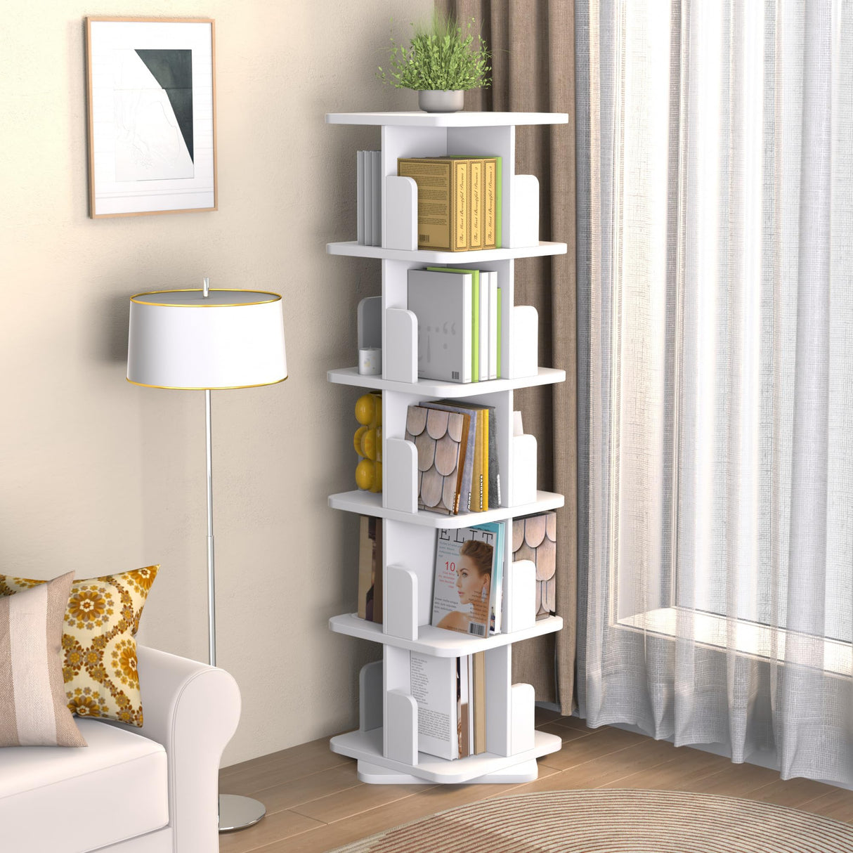 White Rotating Bookshelf, 360 Display 5 Tier Rotating Bookshelf Tower, Floor Standing