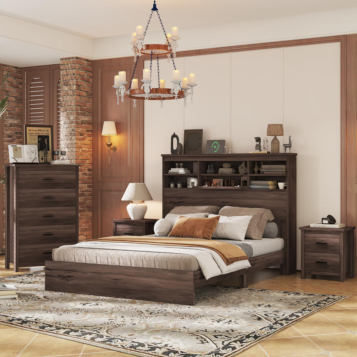 4-Pieces Bedroom Sets, Queen Size Platform Bed Frame with 2 Nightstands and 1 Dresser,