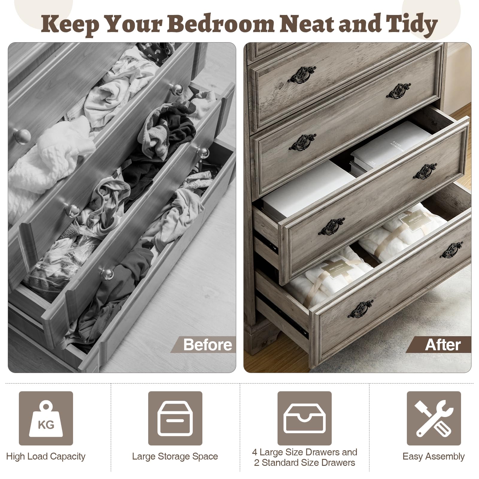 Farmhouse Drawers Dresser for Bedroom, 6 Drawers Dresser Chests for Bedroom