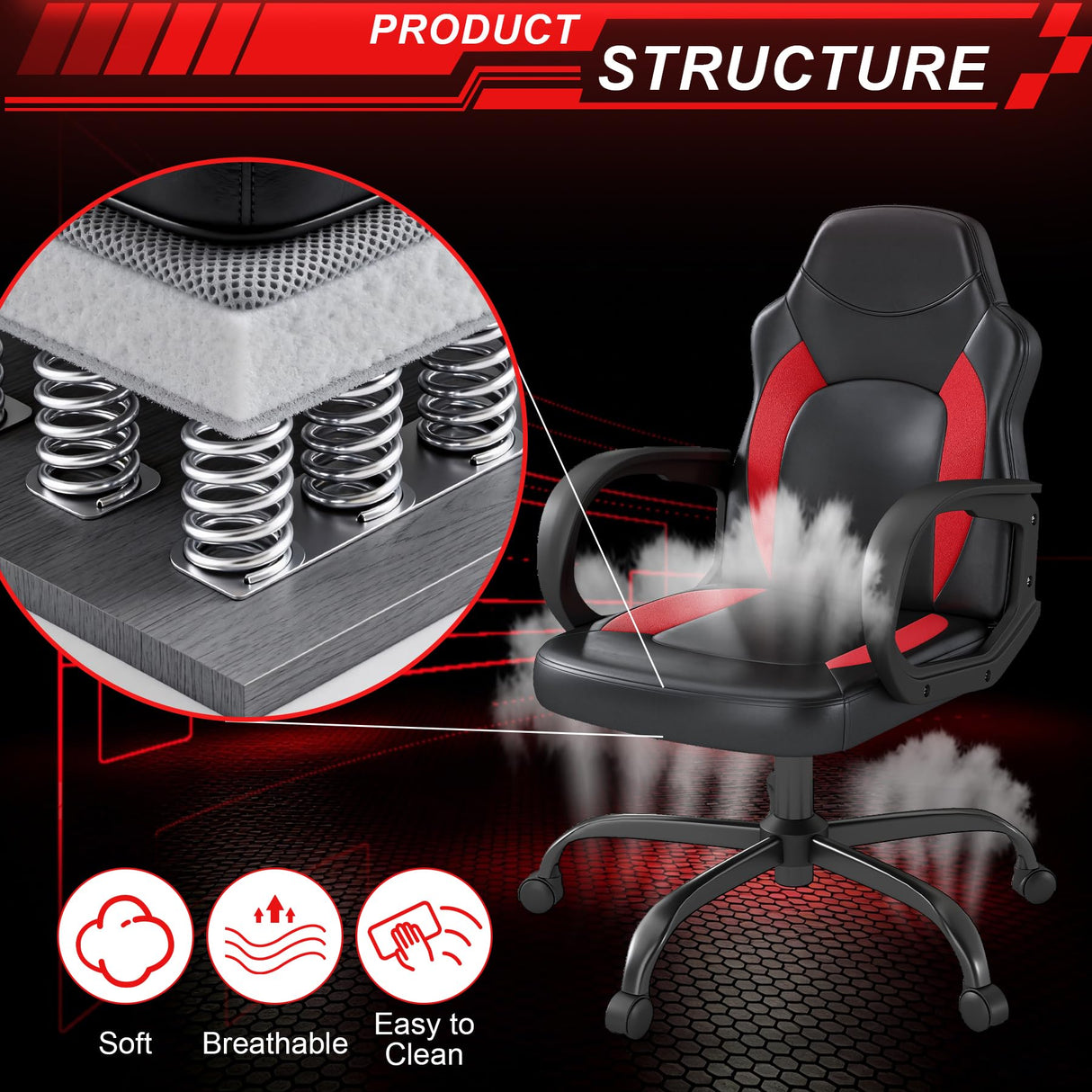 Ergonomic Gaming Office Chair with Lumbar Support - Red