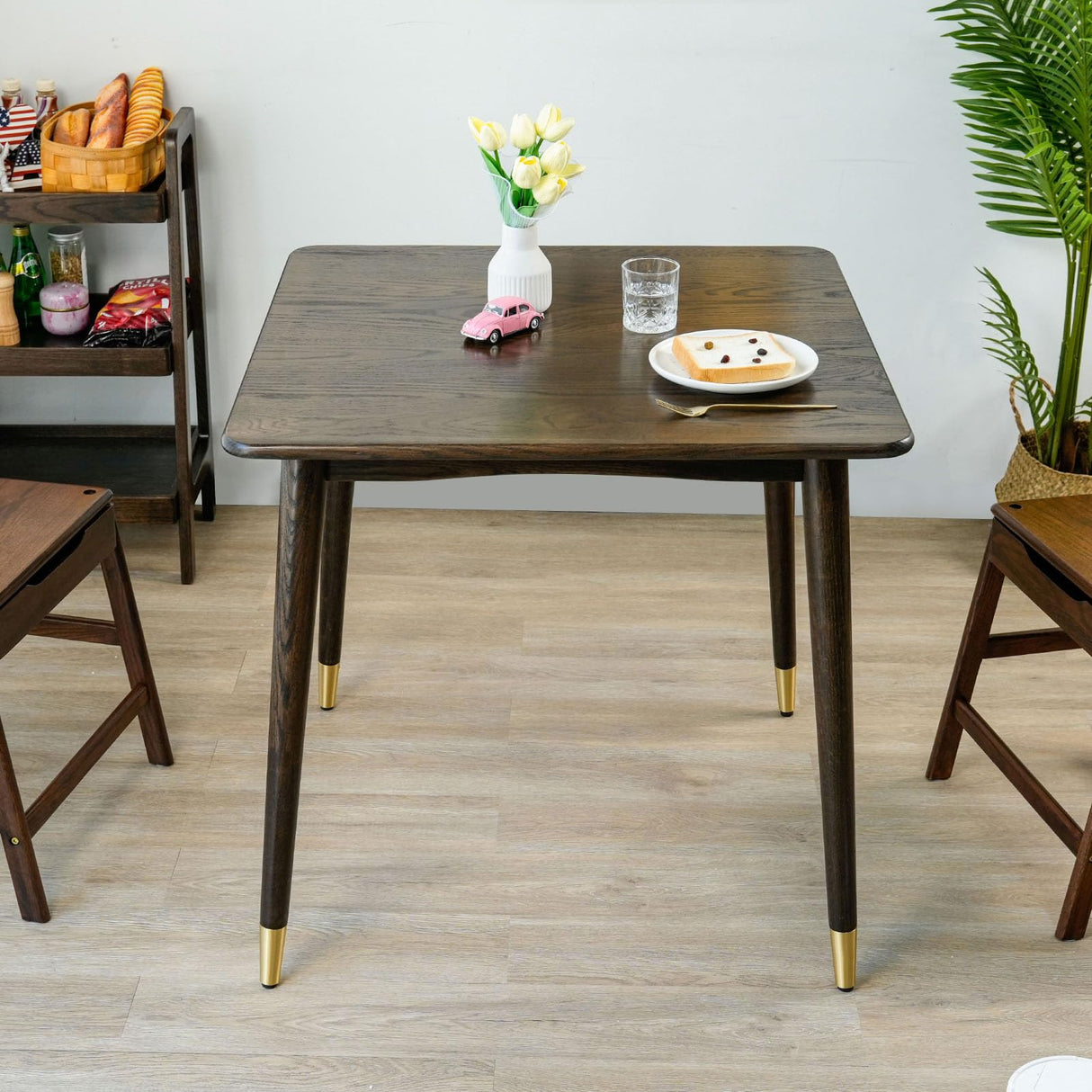 Dining Table 31.5“, Square Small Solid Wood Kitchen Table with Copper Decor for 2, Mid Century