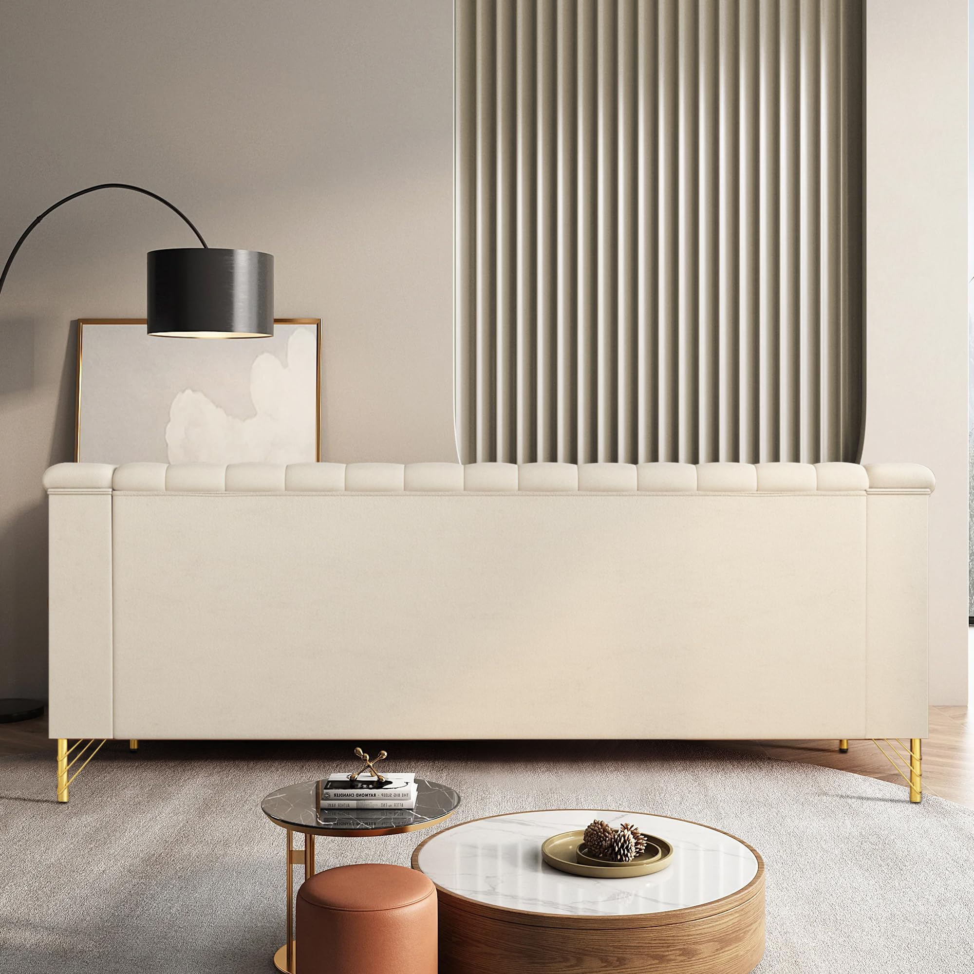 WeaArco 83 Inches 3 Seater Couch,Modern Velvet Sofa Couch with Gold Metal Legs,Mid-Century Modern Couch High Arm for Living Room,Bedroom,Office (Beige)