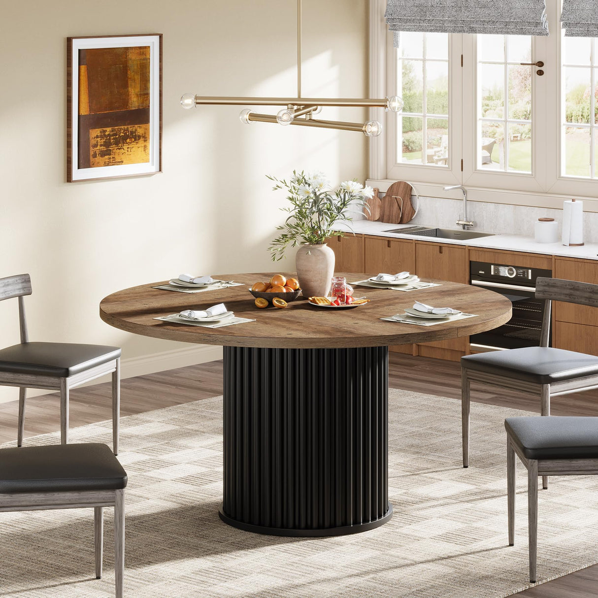 47-Inch Round Dining Table for 4-6 People - Modern Fluted Design