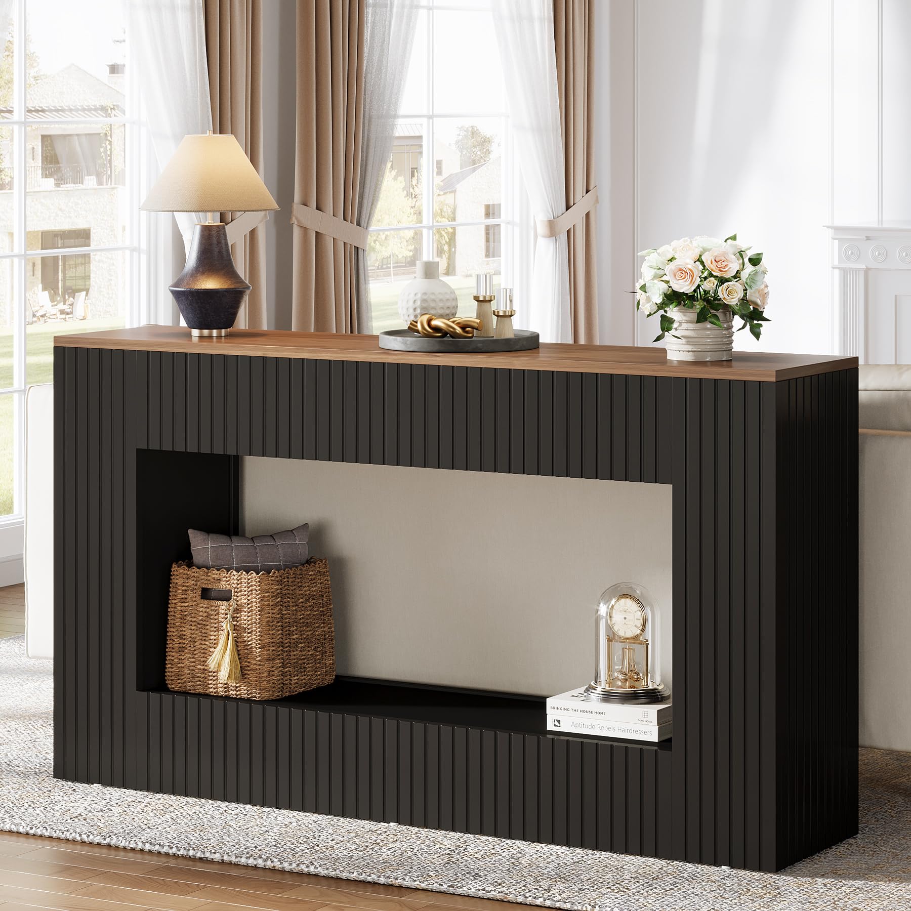 55" Modern Console Table with 2-Tier Storage - Black
