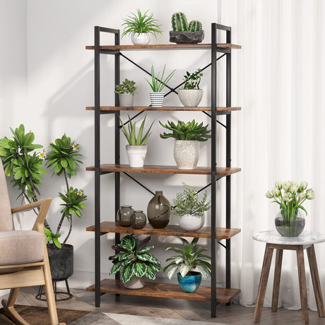 5 Tier Bookshelf, Industrial Etagere Bookcase with Metal Frame, Rustic Tall Book Shelf