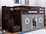 Contemporary Low Loft Twin Bed with a 3 Drawer Stairway, Gray with Gray & White Tent