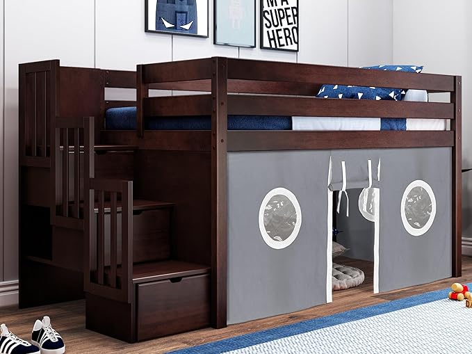 Contemporary Low Loft Twin Bed with a 3 Drawer Stairway, Gray with Gray & White Tent