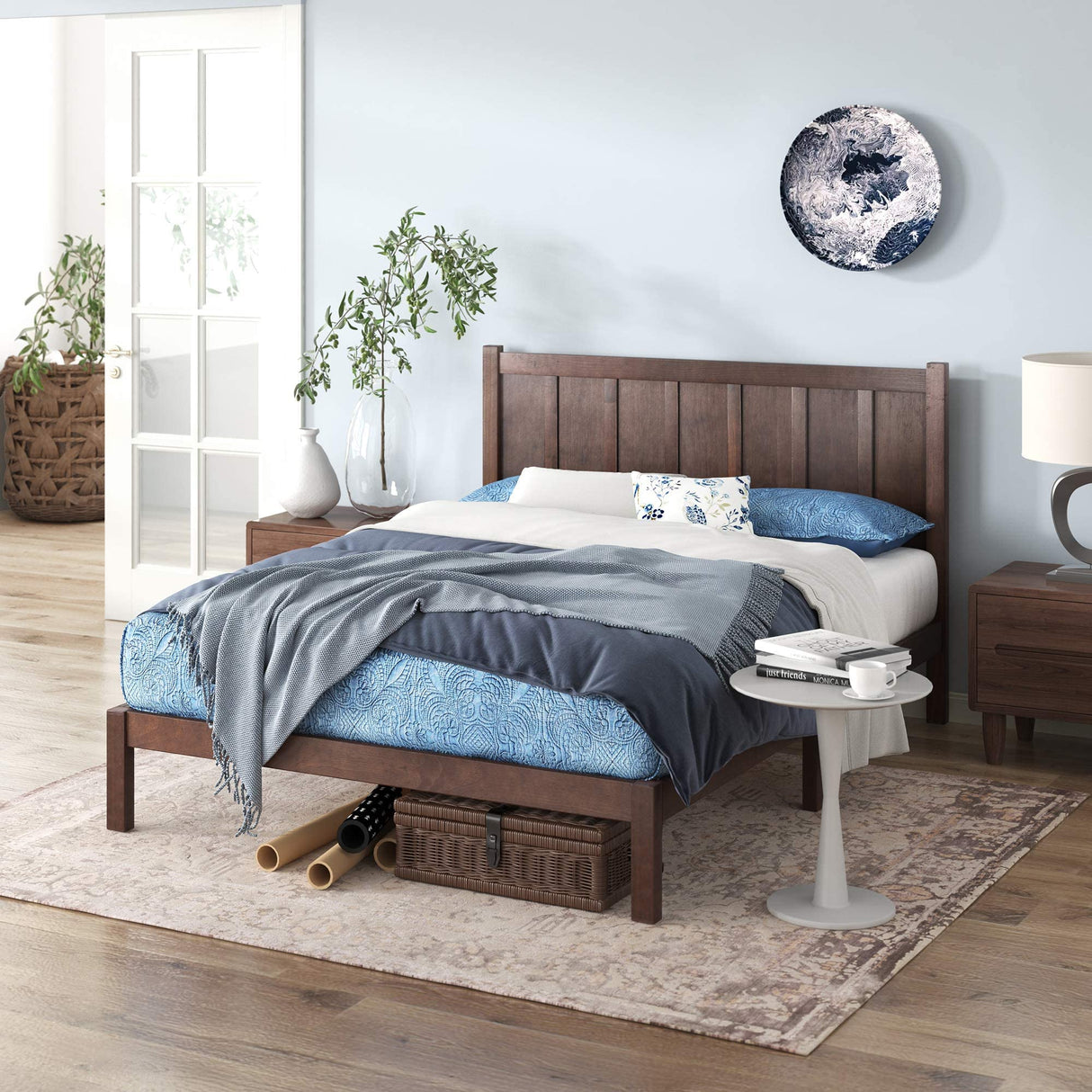 Adrian Wood Rustic Style Platform Bed with Headboard, No Box Spring Needed, Wood Slat