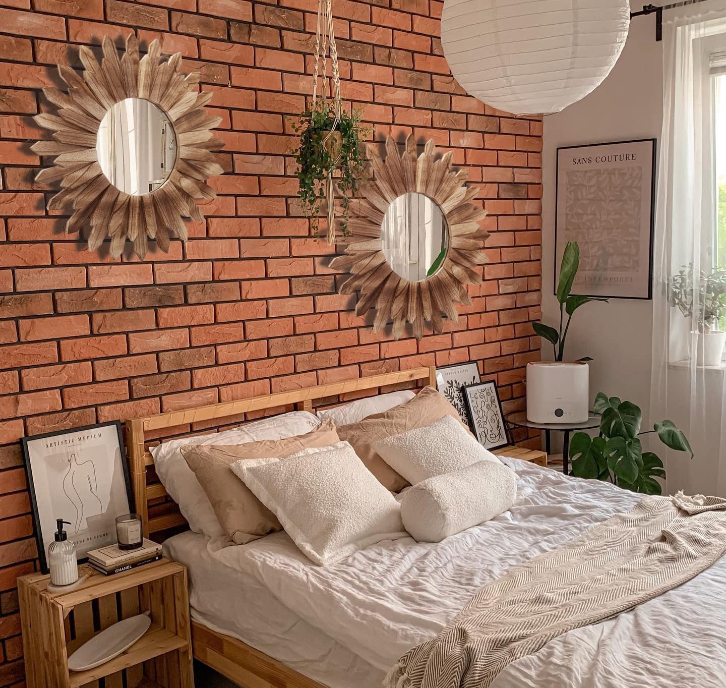2 Pack 22 Inch Boho Wall Sunburst Mirror Rustic Round Wood Decorative Mirror Boho Wall