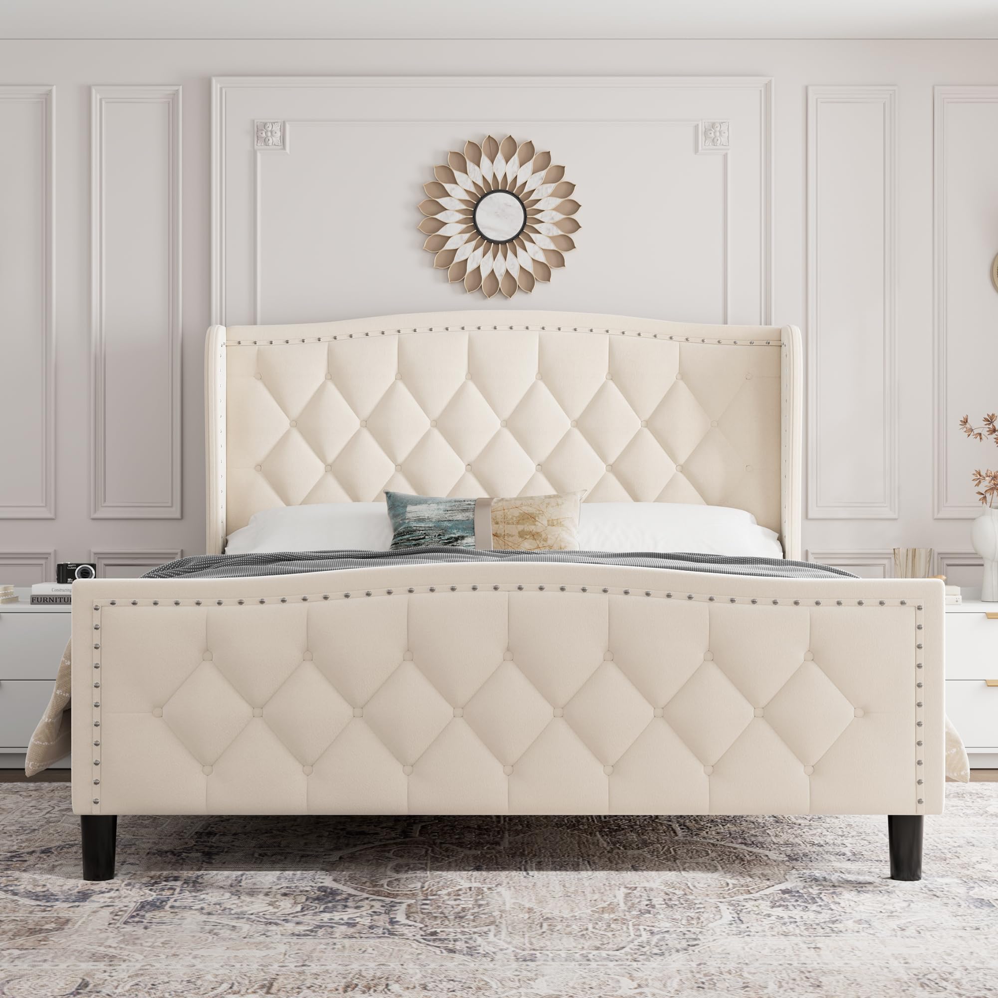 Queen Bed Frame Velvet Upholstered Platform Bed