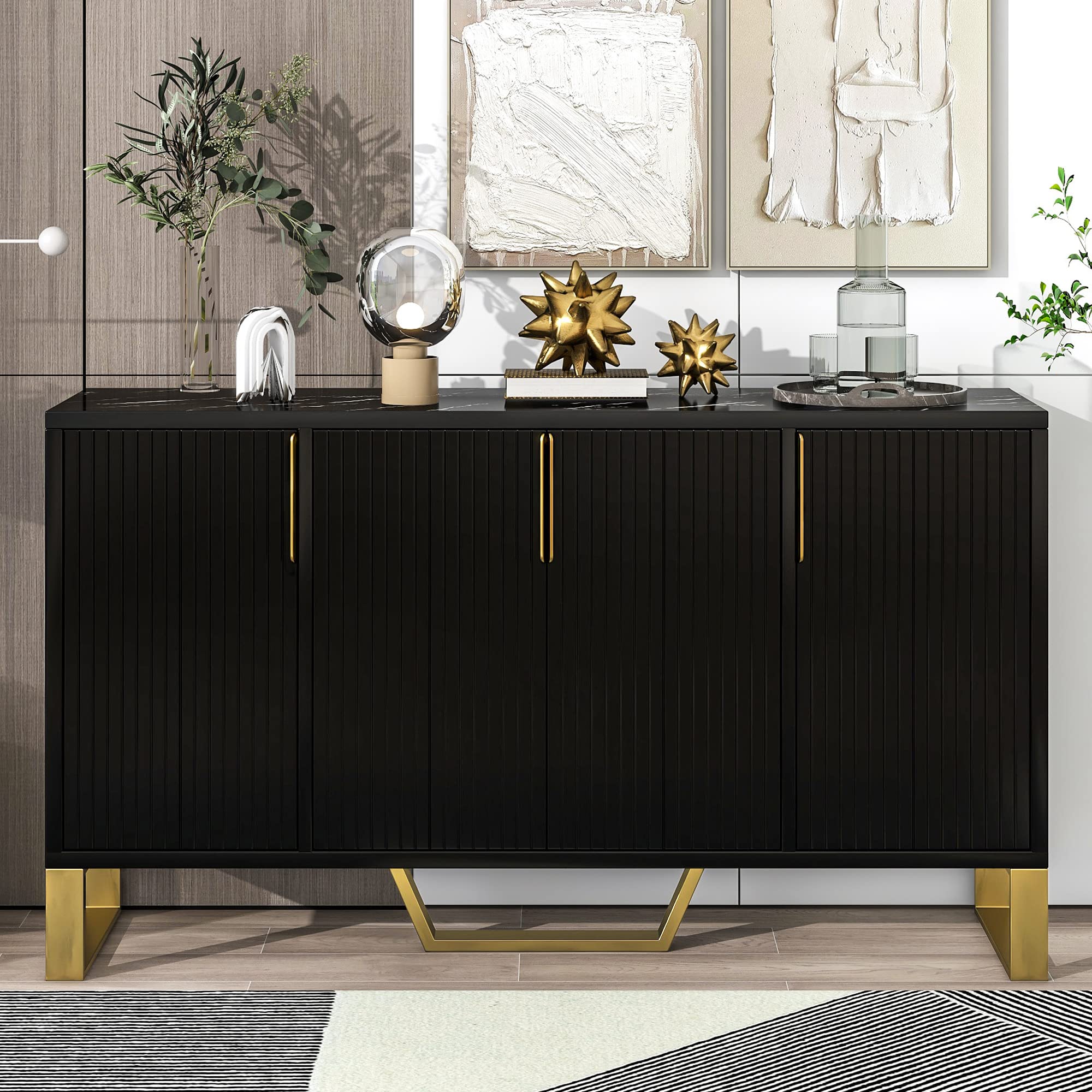 4 Doors (Black) Modern Wood Farmhouse Buffet Sideboard Metal