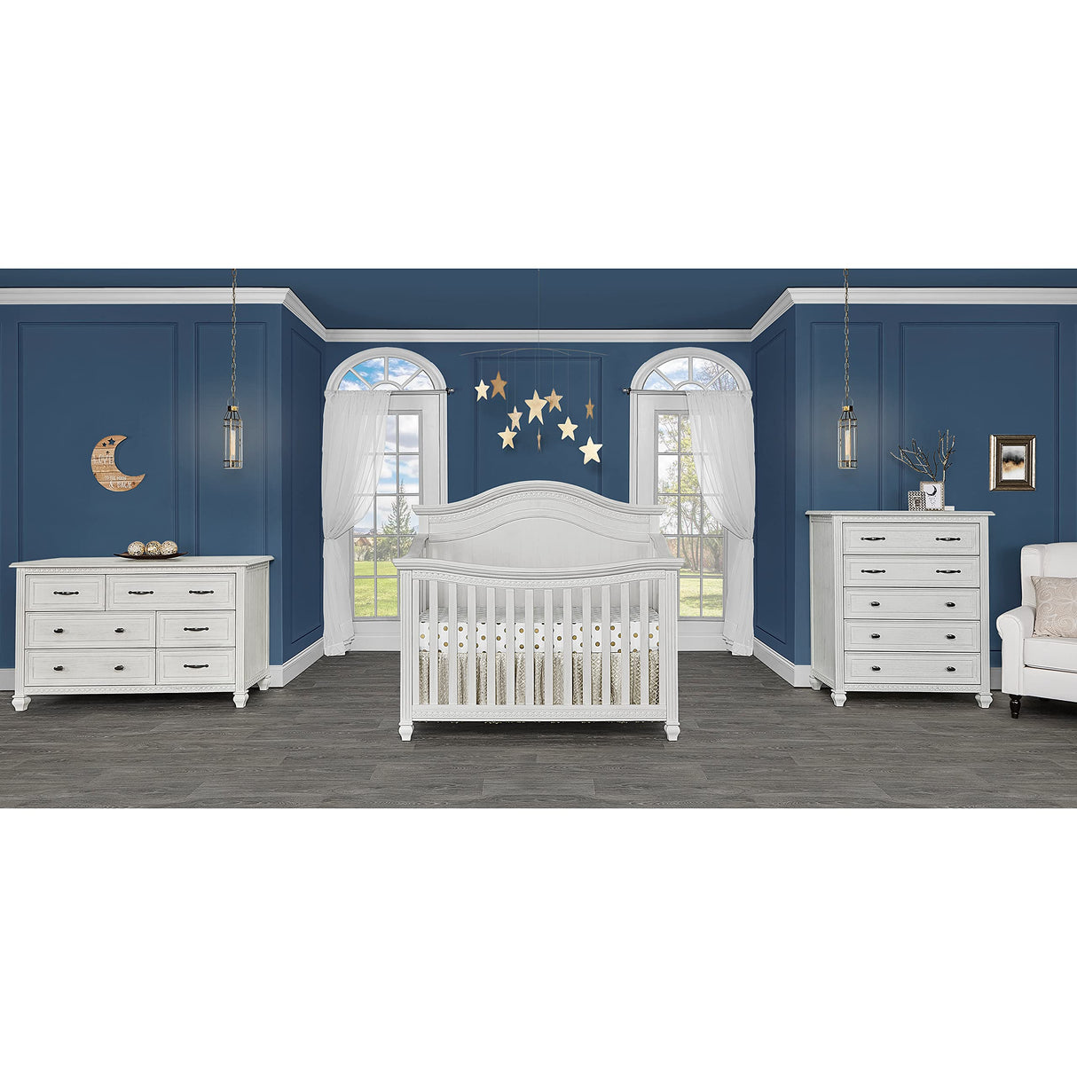 5-In-1 Curved Top Convertible Crib In Antique Grey Mist, Features 3 Mattress Height