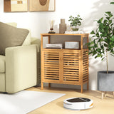 Bamboo Floor Cabinet, Bathroom Storage Cabinet with Double Slatted Doors, Open Shelf,