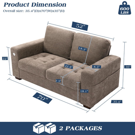 70 Inch Modern Loveseat Sofa with USB Port & Side Pockets, Chenille