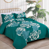 Quilt Set Queen Size, 3 Pieces Teal Floral Bedspread Coverlet Set