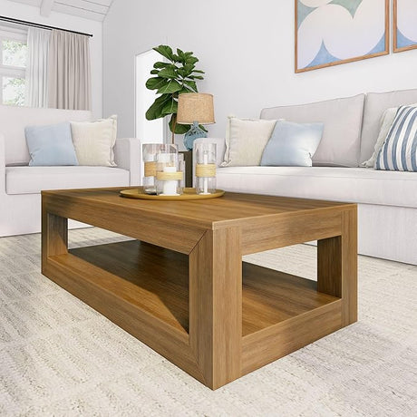 Modern Rectangular Coffee Table with Shelf, Solid Wood, 48 Inch, Center Table