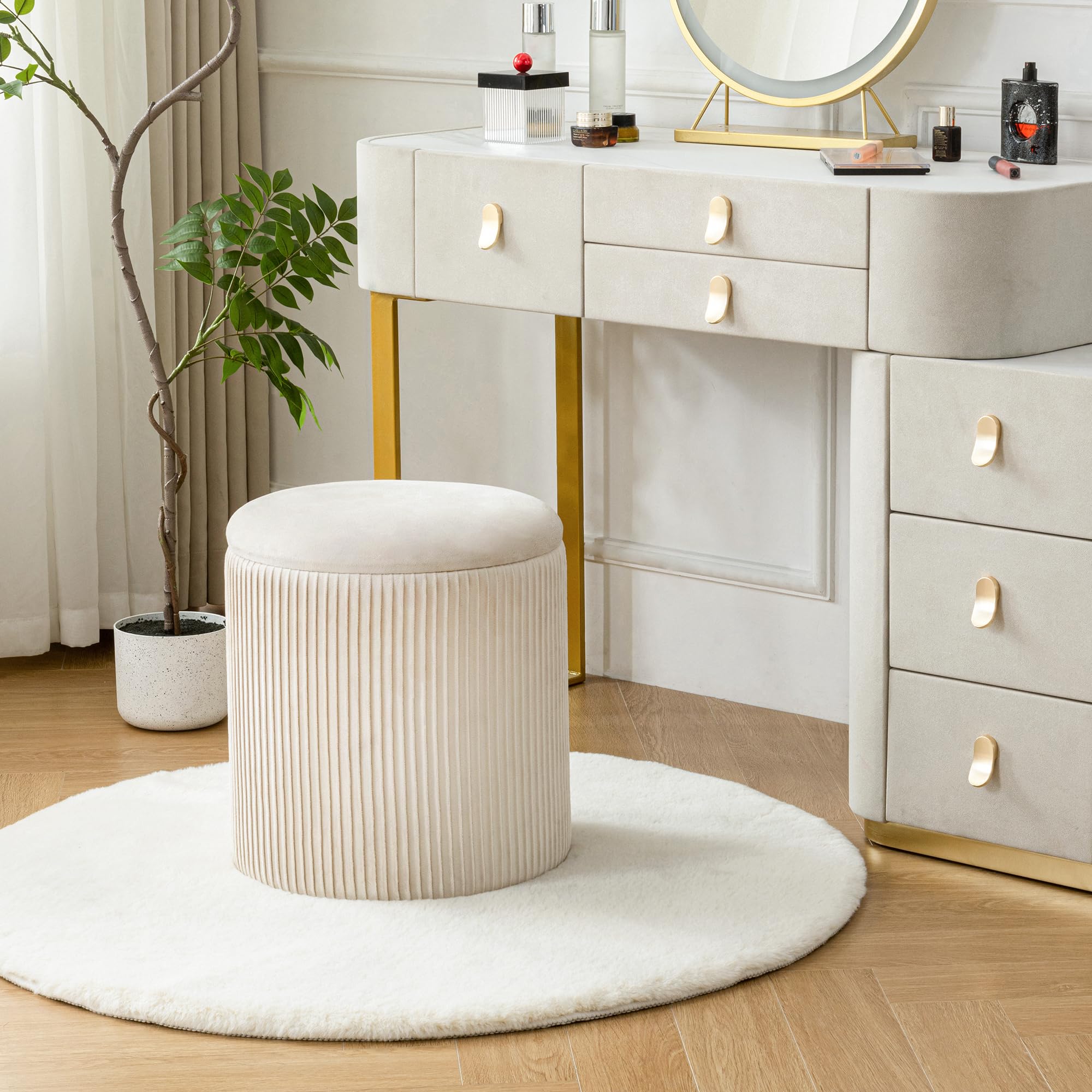 with Storage Set of 2, Velvet Round Storage Ottoman, Upholstered Sponge Vanity