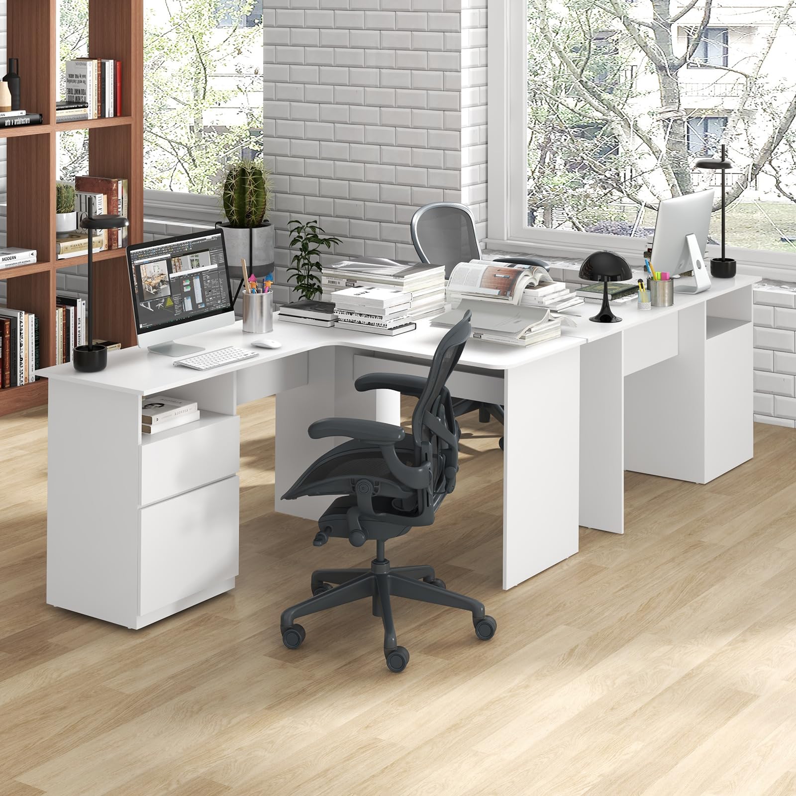 L-Shaped Desk, 59" Corner Computer Desk with File Drawer & Open Shelf