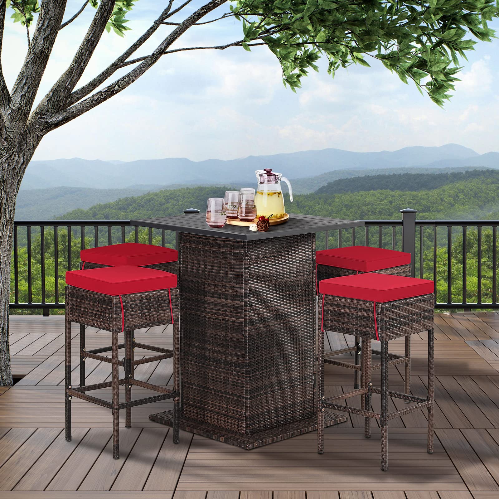 5-Piece Outdoor Bar Set, Wicker Rattan Bar Height Patio Set w/4 Cushion Bar Stools