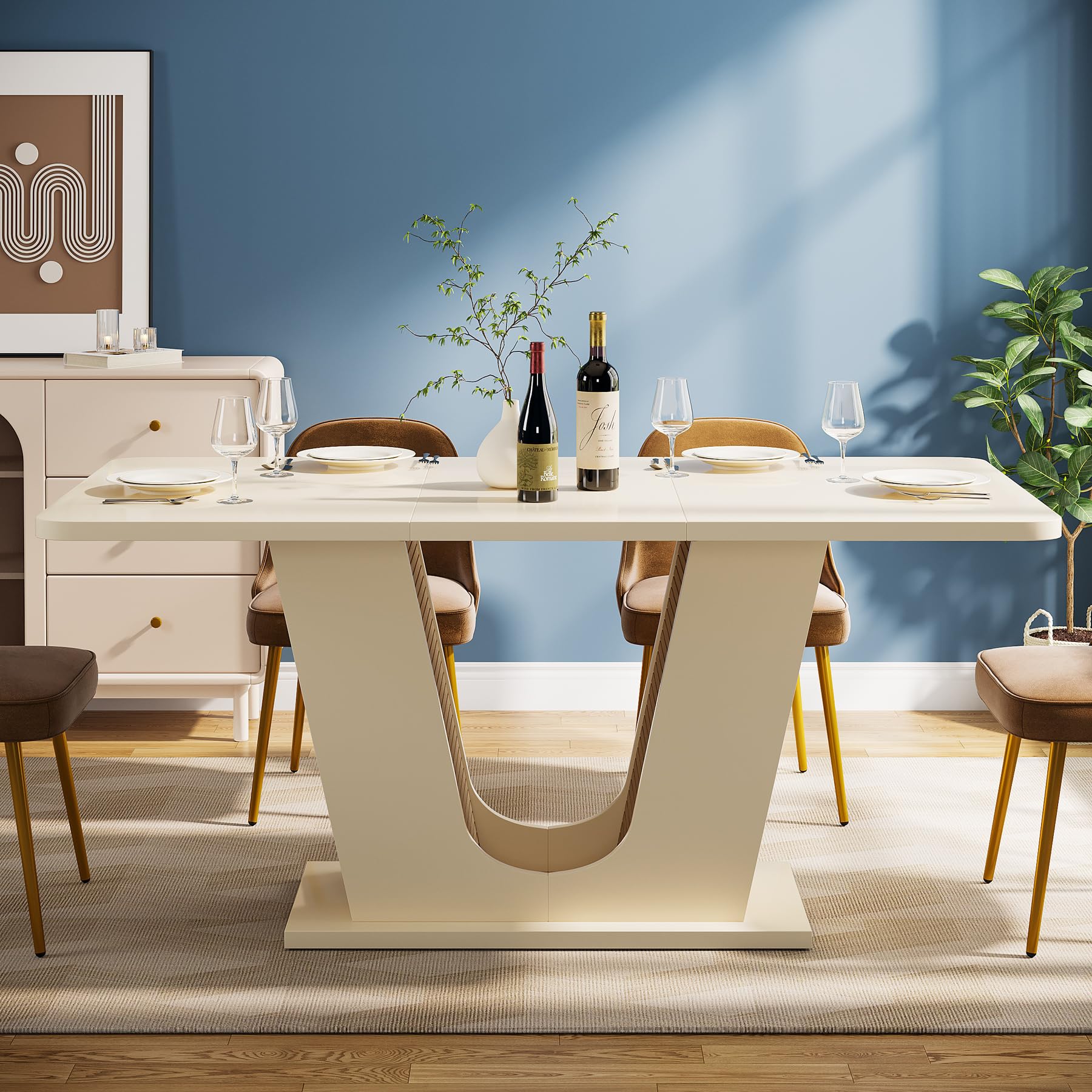 55-Inch Modern Rectangular Dining Table for 4-6 - Cream White