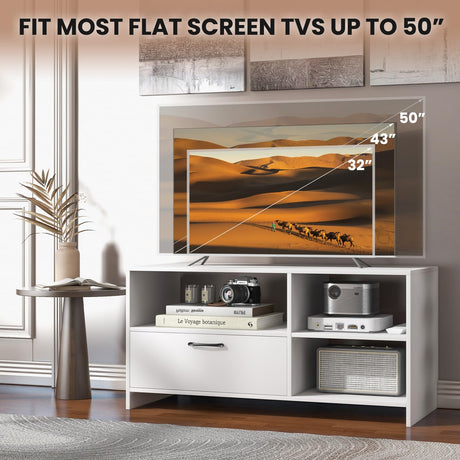 White TV Stand for TVs up to 50”, Modern Media Console Table w/ 3 Open Shelves & 1)